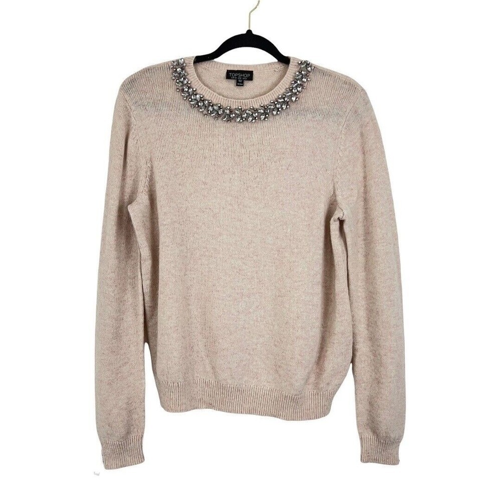 Topshop Womens Size 8 Pink Sweater with Jeweled Neckline